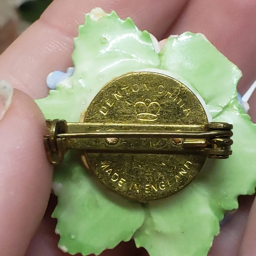 Vintage Denton England Ceramic Flower Brooch & Handmade Tape Measure Scissor Pin